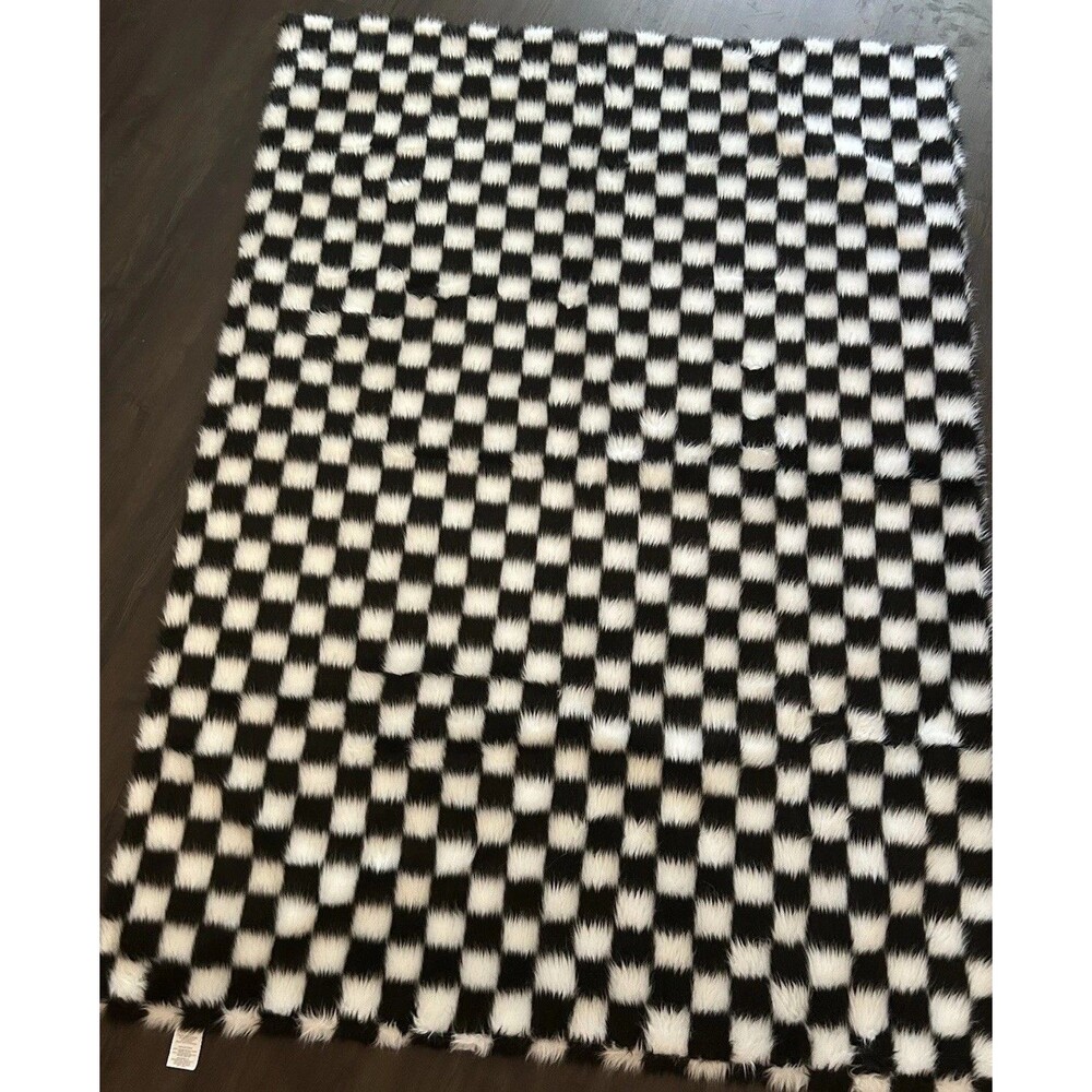 Mackenzie Childs Fab Fur Check Throw Classic Black White Cozy 50”x70”